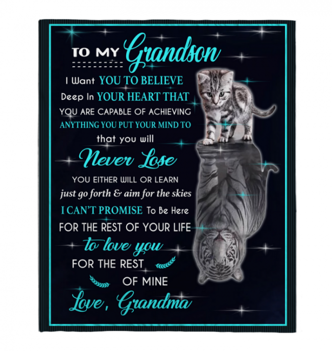 To My Grandson I Love You Blankets Gift From Grandma Cat Tiger Kitten Black Plush Fleece Blanket