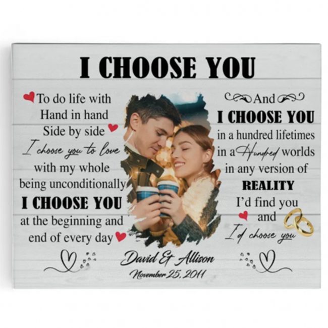 Personalized Custom Name Date Photo Anniversary Canvas Gift I Choose You I Love You For Husband Wife, Valentines Day Gifts For Her