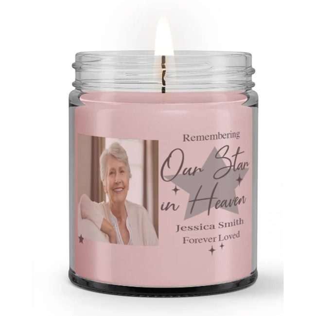 Personalized Custom Photo Name Remembering Our Star in Heaven Loss Mom Grandma Memorial Sympathy Candle