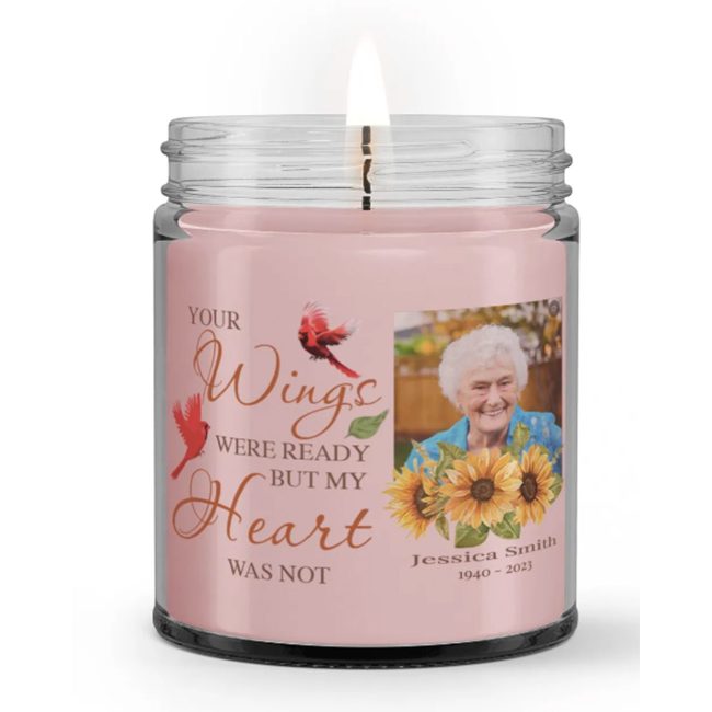 Personalized Custom Photo Name Your Wings Ready My Heart Not Loss Sympathy Condolence Candle